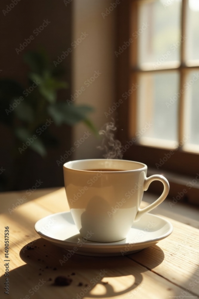 Obraz premium Aromatic steam rises from a warm beverage in a white cup, sunlight illuminating the scene on a wooden surface near a window
