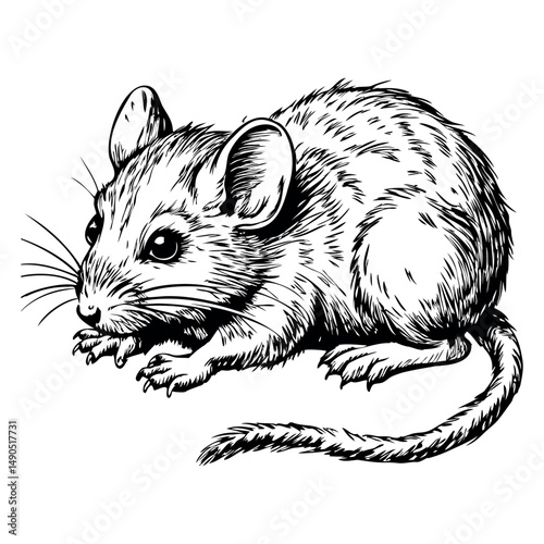 Mouse lying down with curved tail and shaded fur texture