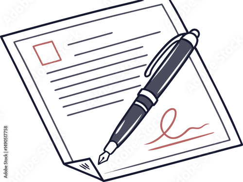 "Vector icon of a document with a folded corner and digital signature pen"
