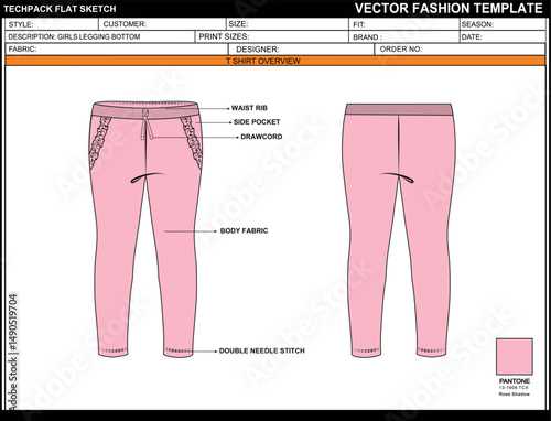 GIRLS LEGGING BOTTOM CAD EDITABLE FLAT TECHKNICAL FASHION SKETCH VECTOR MOCKUP