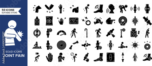 Joint Pain icon set in solid style. Human joints, knees, hands, pain in limbs and more. Vector illustration