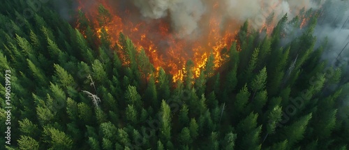 Close-up of Drone shot of a wildfire consuming a green forest.