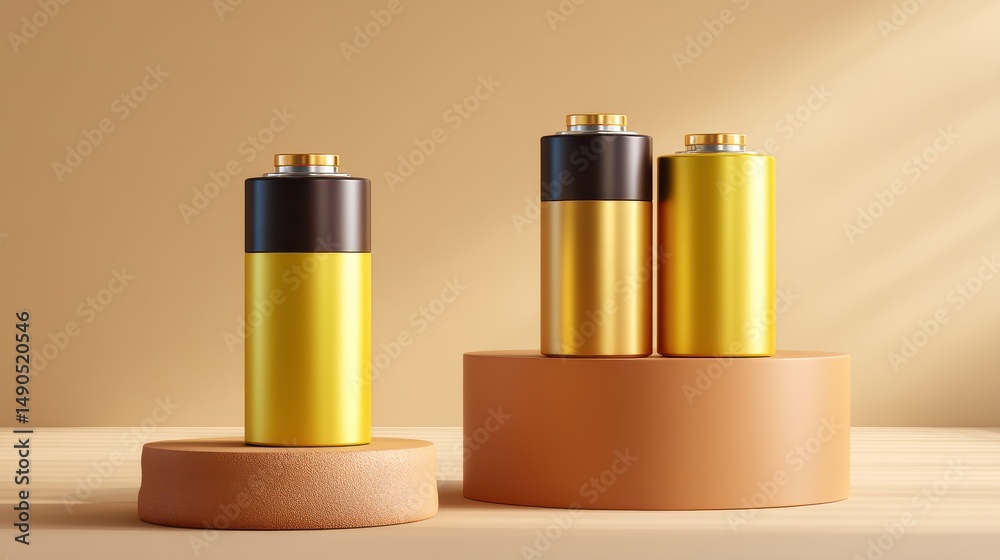 Fototapeta premium Three Modern Cylindrical Batteries Displayed on Round Bases with Warm Lighting and Neutral Background
