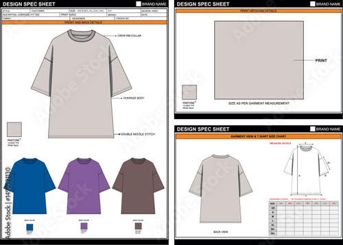 STYLISH SOLID LARGE OVERSIZE FIT TEE EDITABLE EMPTY TECHPACK MEASUREMENT TEMPLATE