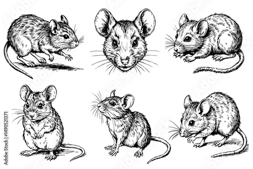 Set of mouse portraits with various facial expressions in ink