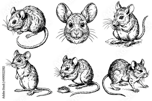 Collection of hand drawn mice in various poses and views