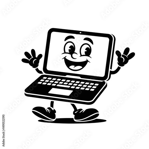 A cartoon laptop character with a smiling face stands cheerfully, waving its animated hands.