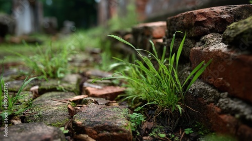 Wild grass overcoming old garden bricks abandoned site photography urban decay close-up nature's resilience