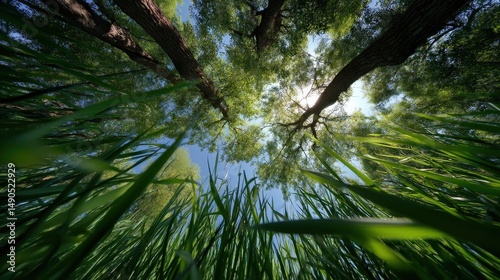 Morning sun illuminates grass canopy outdoor scene nature photography ground level worm's eye view