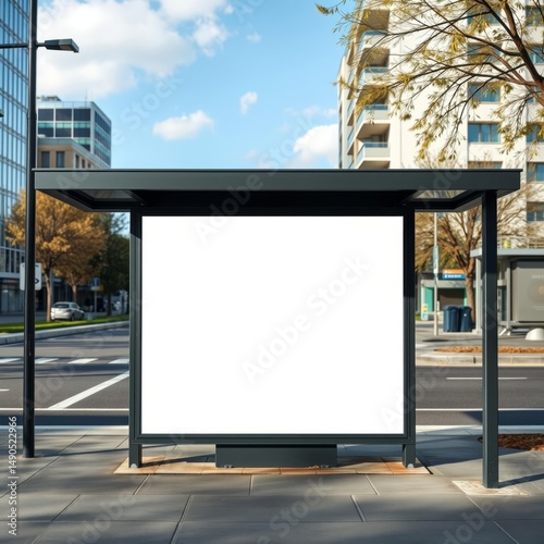 A template of a blank advert poster inside of a bus stop; vertical information banner mockup placeholder in a stop of public transport with the road near; an empty billboard mock-up in urban settings 