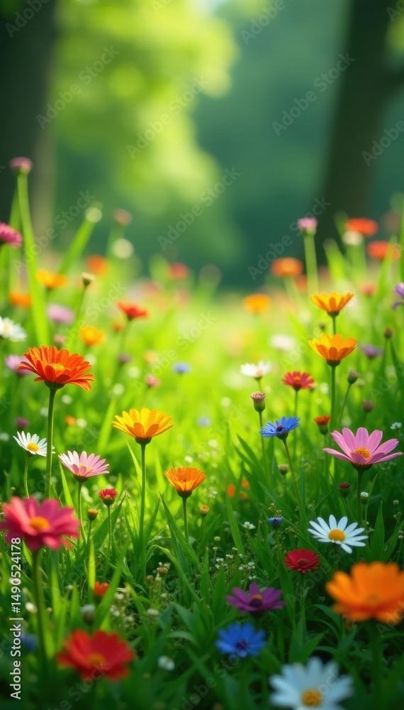 Fototapeta premium Lush green grass, myriad wildflowers in full bloom , botany, bloom, macro