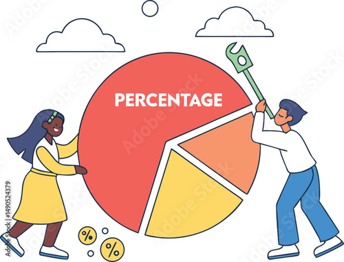 "Vector icon of a pie chart with 3 segments and percentage labels in bright color"
