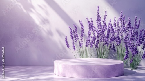 3D render two layer glossy lavender purple round podium on table counter leaf shadow on purple wall background for luxury beauty.
