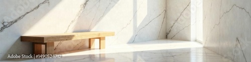 Wooden bench against marble; sunlit minimalist hallway, home decor, light