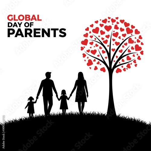Global day of parents illustration with family silhouette and heart tree on white background design