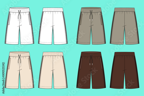 Shorts colour way set fashion flat sketch template outline CAD mockup front and back views.	