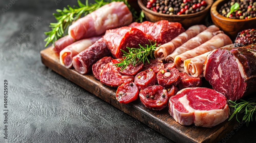 Assortment of cured meats on wooden board Assortment of cured meats on wooden board