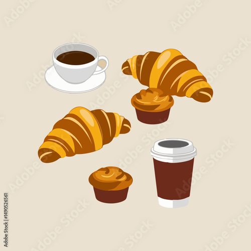 Delicious bakery breakfast selection with baked goods and warm croissants on table setup