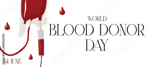 world blood donor day minimalistic banner flat vector illustration with blood bag and drops.