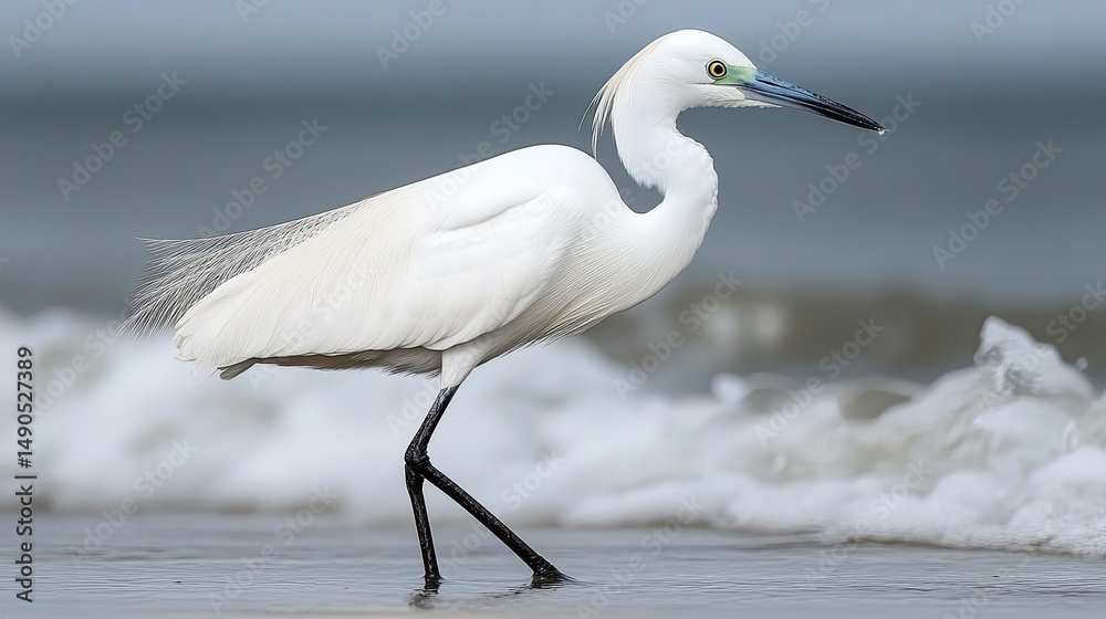 Obraz premium White egret standing still at water edge, calm and focused