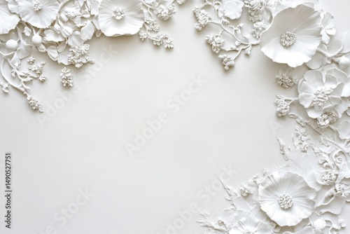 Elegant white floral frame background with 3d embossed flowers
