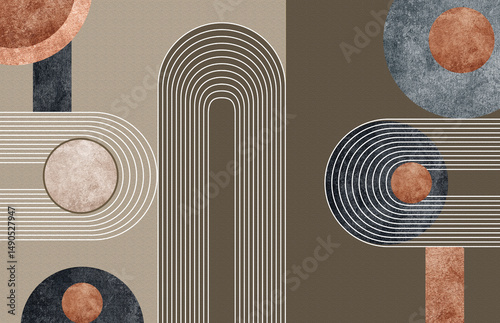 Fototapeta Naklejka Na Ścianę i Meble -  3d abstract mural wallpaper. white lines and marble and wooden shapes in noisy beige and brown background	