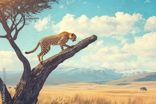 Cheetah climbing down a tree branch in a savanna with a grassland and mountains in the background. A cheetah is walking on the trunk of an acacia tree in the African plains. Animal concept,