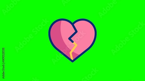 broken heart icon animation on green screen background, 