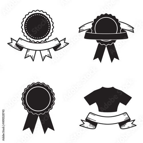 Collection of black and white silhouette badges with ribbons and award decorations for design elements and branding