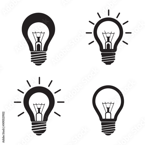 Four black silhouette lightbulb icons representing idea innovation creativity brightness and problem solving