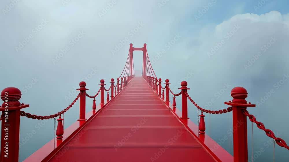Mysterious Red Bridge Enveloped in Mist
