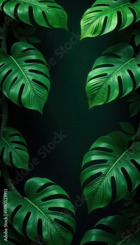 Dense, emerald green tropical foliage, intertwining branches on a dramatic dark background , pattern, shadows