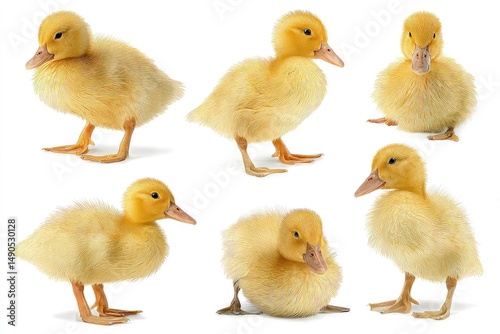 Adorable yellow ducklings posing isolated on white background fluffy baby ducks showcasing soft feathers, delicate beaks, and innocent expressions