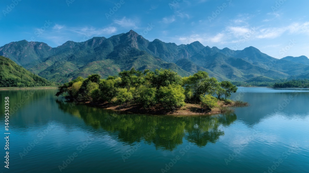 Fototapeta premium Serene lake with island and mountains