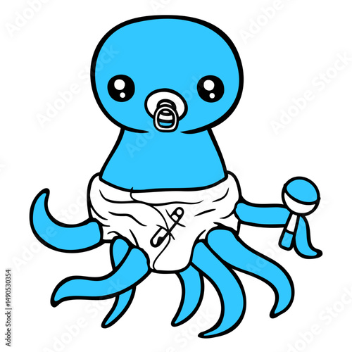 Octopus baby rattle diaper pacifier child born fun Isolated Vector Graphic Design Illustration
