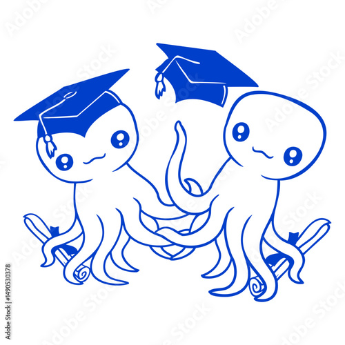 2 Octopus two graduation passed college friends Isolated Vector Graphic Design Illustration

