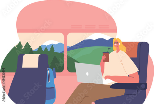 Woman working online travelling train