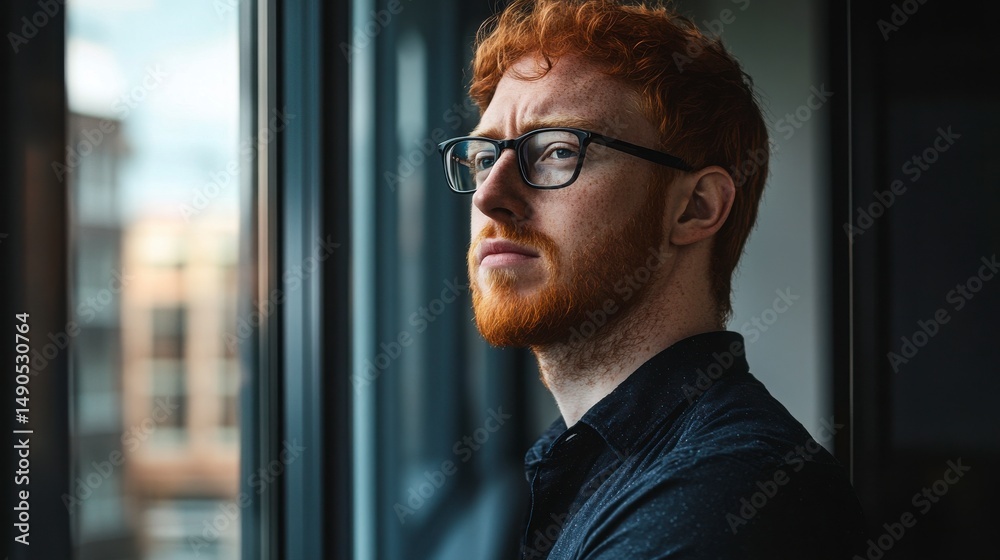 Fototapeta premium Portrait Of A Thoughtful Young Man With Red Hair And Freckles Looking Out A Window At A City