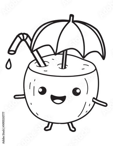 Smiling Coconut Drink with Umbrella - Kawaii Summer Coconut Coloring Page
