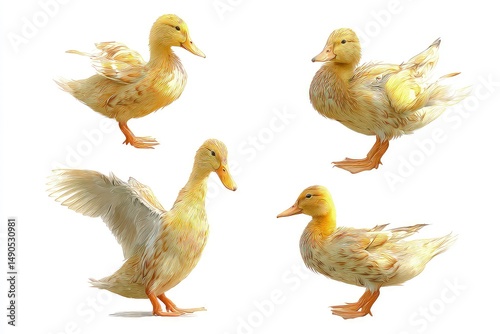 Adorable yellow ducklings posing isolated on white background fluffy baby ducks showcasing soft feathers, delicate beaks, and innocent expressions
