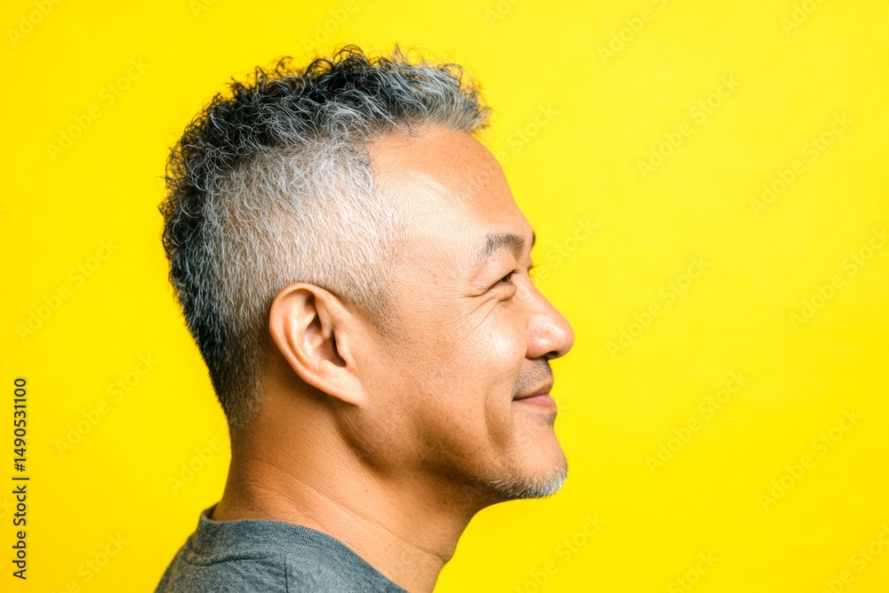 Obraz premium Classy men's high fade haircut - midlife southeast asian man with curly hair. Yellow solid background. Idea of style for aging men. A peaceful man enjoying a relaxed studio shoot.