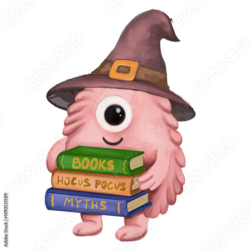 Adorable pink one-eyed monster wearing a wizard hat and holding a stack of magical books labeled “Books,” “Hocus Pocus,” and “Myths” in a whimsical cartoon style.