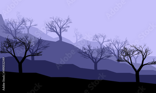 Natural Landscape Mountain View in the Morning with Tree Silhouette