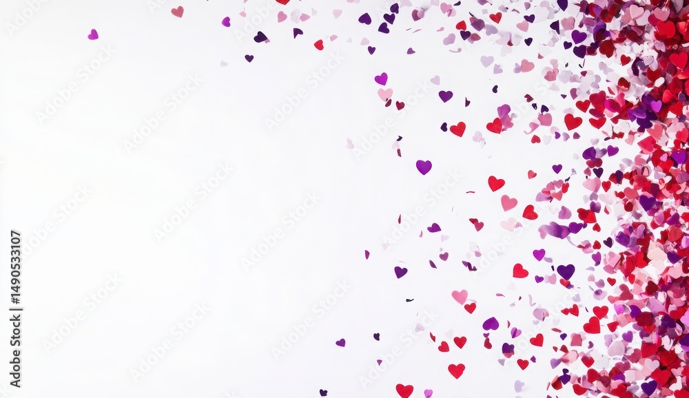 Naklejka premium Red Pink Purple Hearts Scattered On White Background