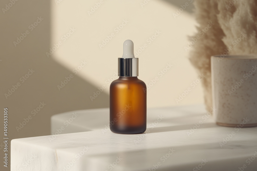 Naklejka premium Amber glass dropper bottle on a light surface.