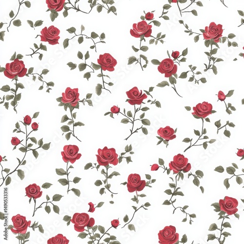 Wallpaper Mural Red Roses Seamless Pattern White Background Small Delicate Floral Design Torontodigital.ca