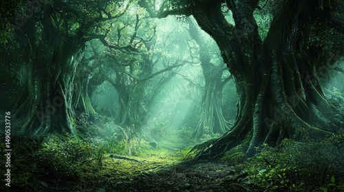 A dense rainforest with towering ancient trees, untouched and full of mystery