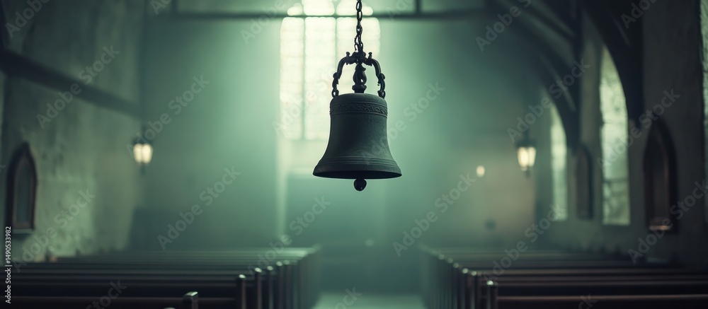 Obraz premium Ancient Church Bell Hanging in Misty Sanctuary