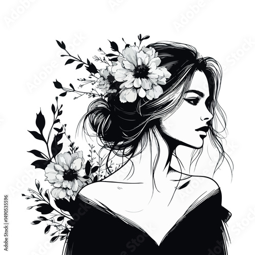 Fashion simple silhouette girl portrait with flowers with white baground