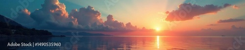 Sun-kissed clouds over tranquil bay, dark shoreline, shoreline, bay, horizon